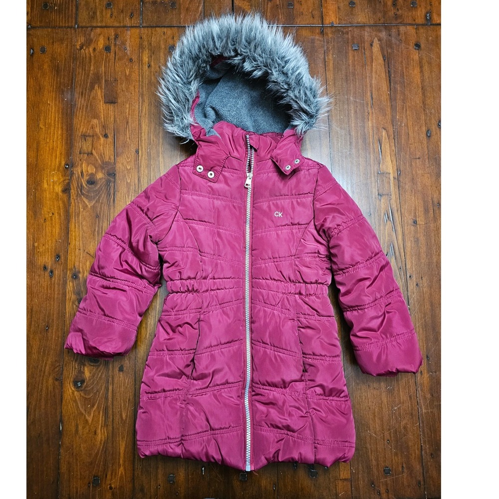 Calvin Klein Girls Puffer Coat Magenta Pink Faux Fur Hood Fleece Lined Parka 4T